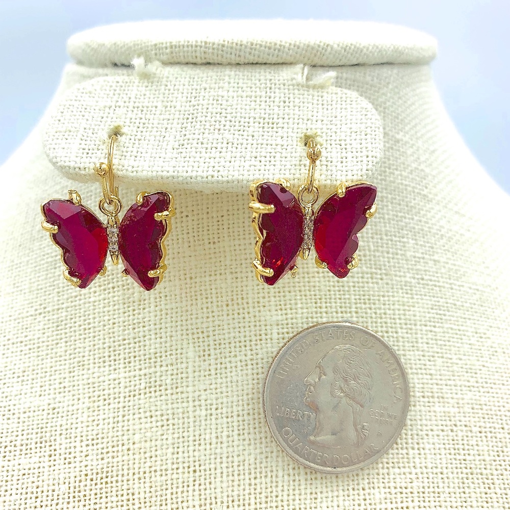 Butterfly Glass Dangle Earrings - Red